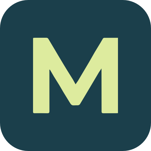A light green letter "M" stands prominently on a dark teal square background.