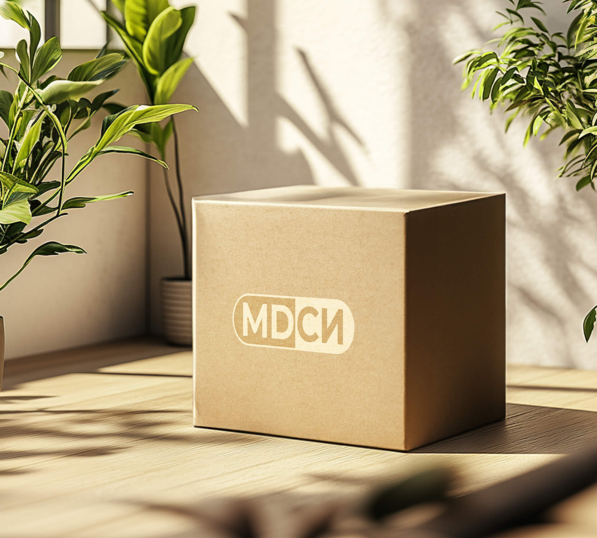 Cardboard box with the logo "MDCI" sits on a wooden floor, surrounded by green plants with sunlight streaming in.