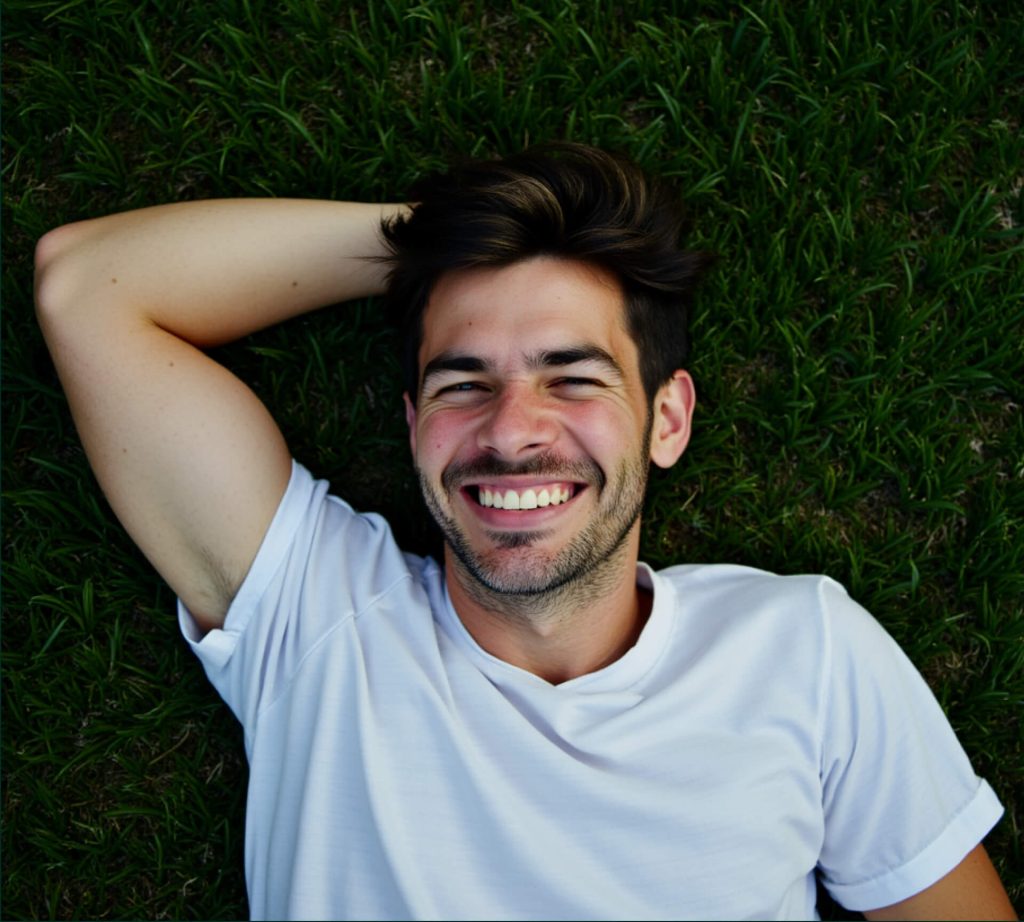 A person in a white shirt is lying on green grass, smiling with eyes closed and one arm behind their head.