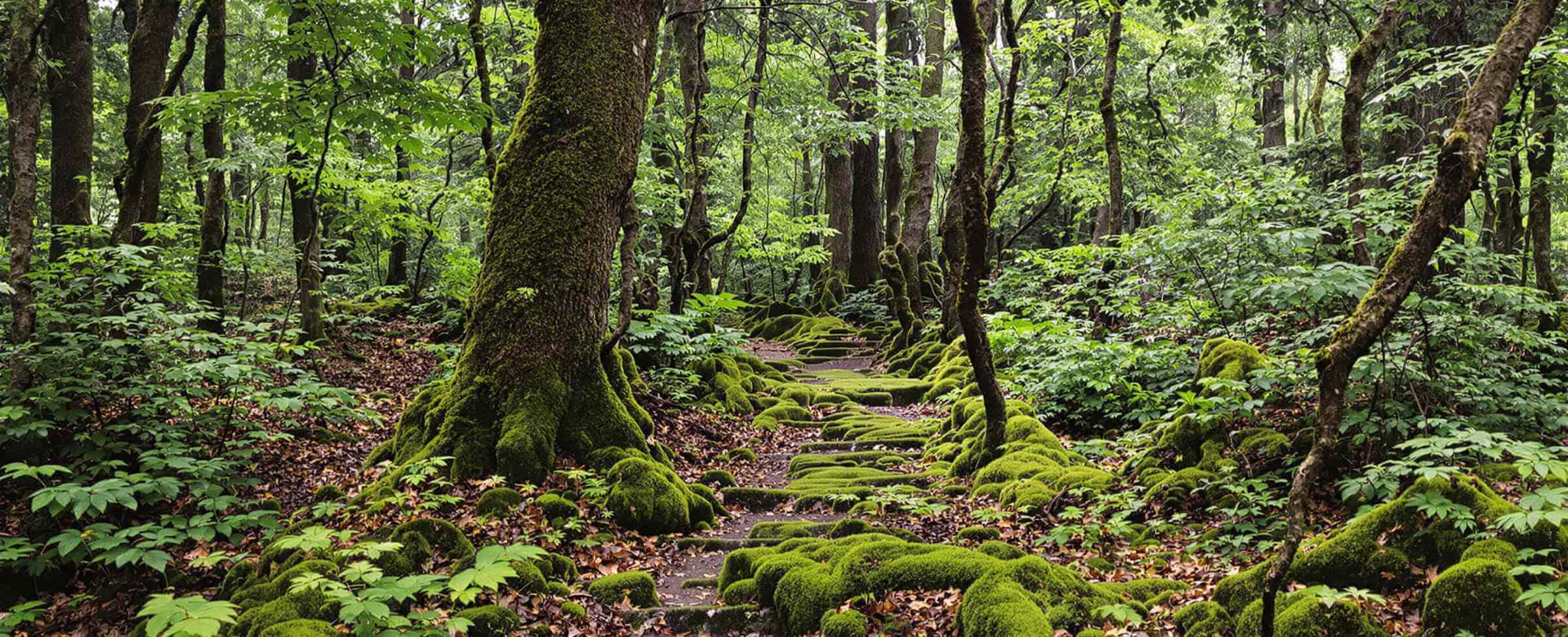 A lush forest path with moss-covered stones and trees surrounded by dense green foliage.