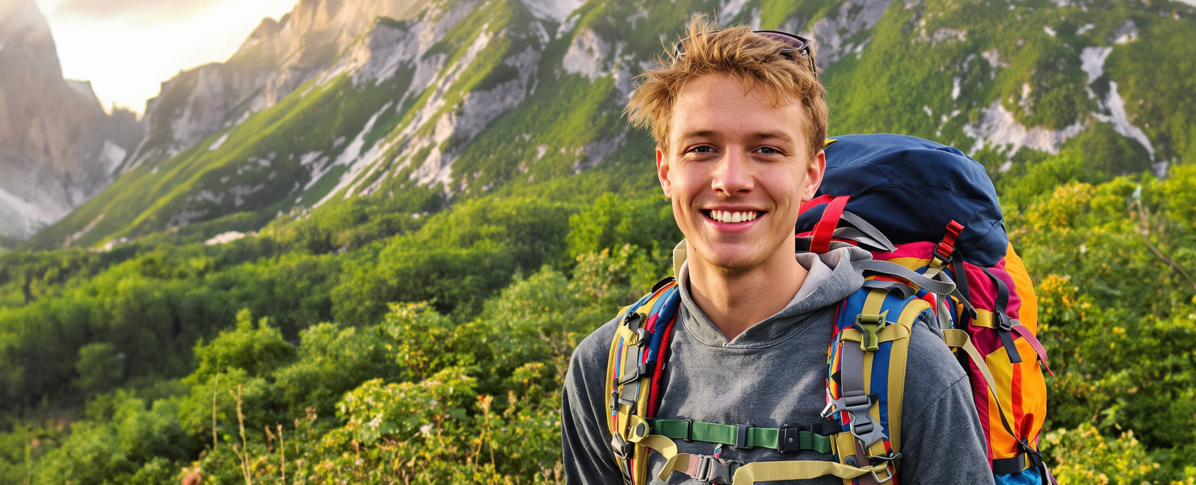 A person with a backpack smiling in a mountainous landscape with green foliage in the foreground and rocky peaks in the background.