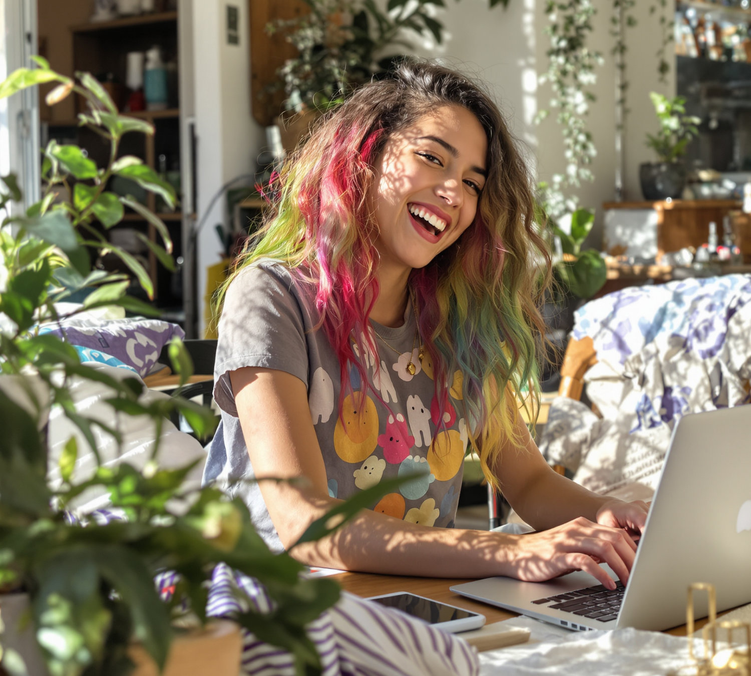 Person with colorful hair, wearing a shirt with cartoon characters, using a laptop while smiling. They are surrounded by indoor plants in a sunlit room.