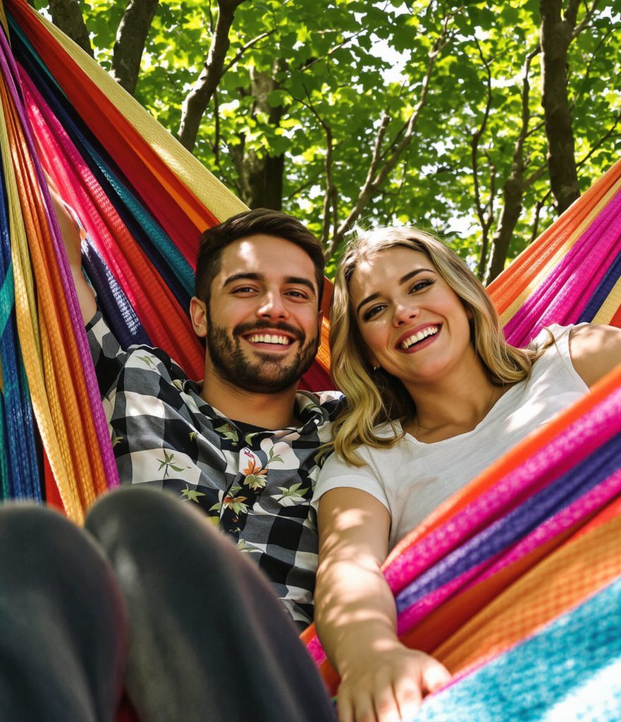 A man and a woman smiling while sitting in a colorful hammock under green leaves.