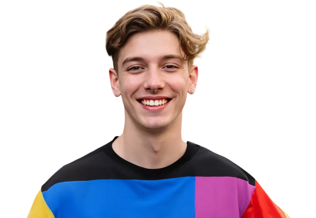 Smiling person wearing a colorful shirt with a nose ring and earrings, against a plain background.