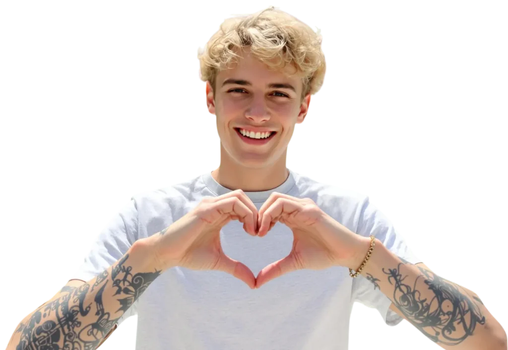 A person with tattoos smiles and forms a heart shape with their hands.